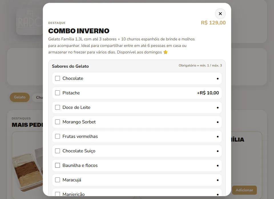 Tela de personalização do item no cardápio digital, com sabores obrigatórios, limite de escolha e adicional com preço