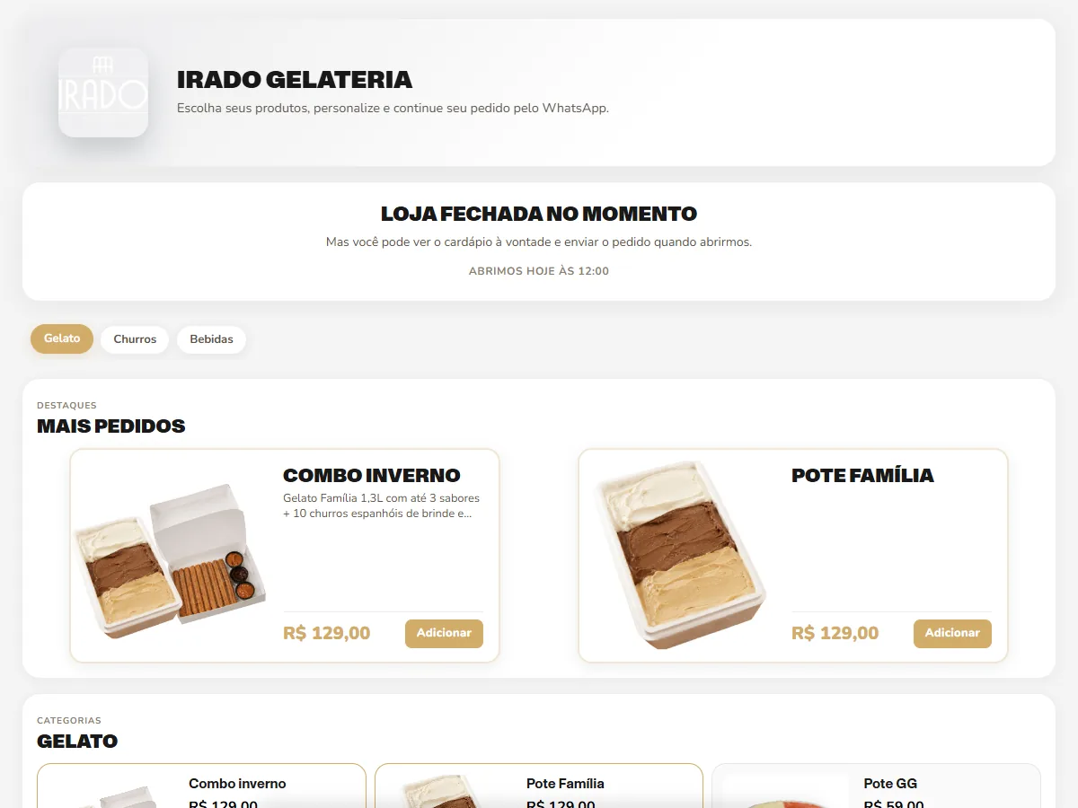 Cardápio digital do Tairo aberto no navegador, com categorias, fotos, preços e botão de adicionar