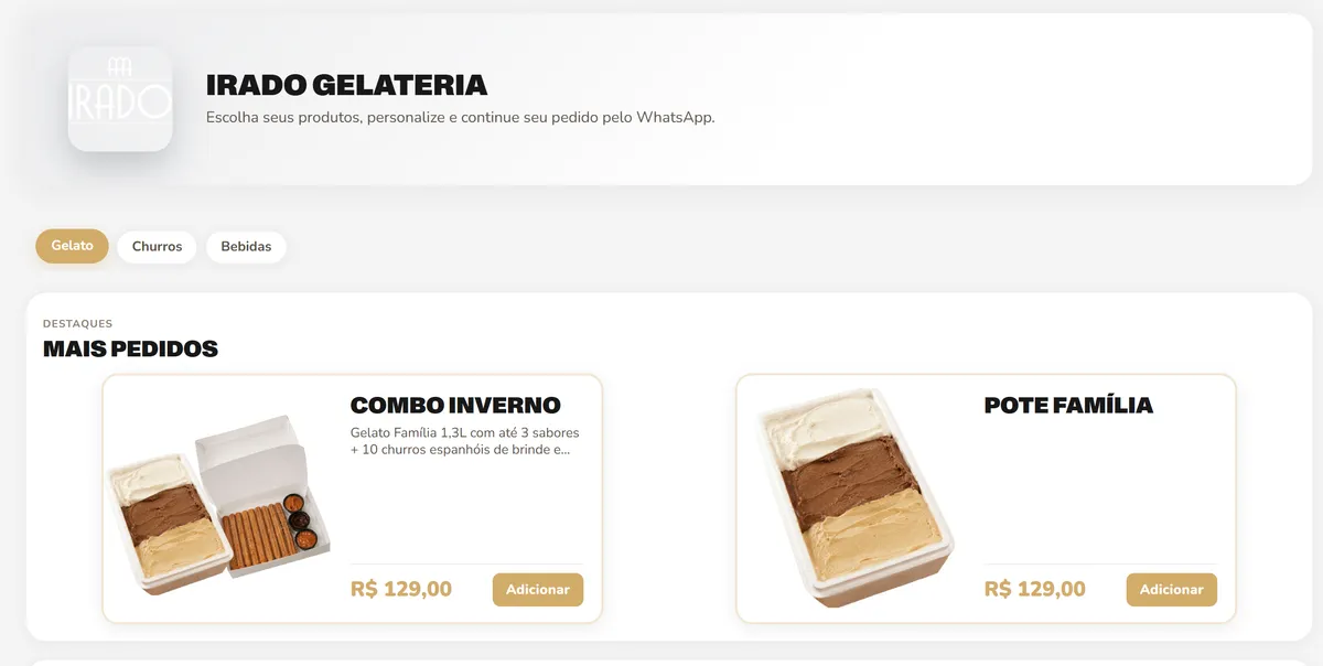 Cardápio digital do Tairo aberto no navegador, com o nome e o logo da loja, as categorias e os produtos mais pedidos com preço