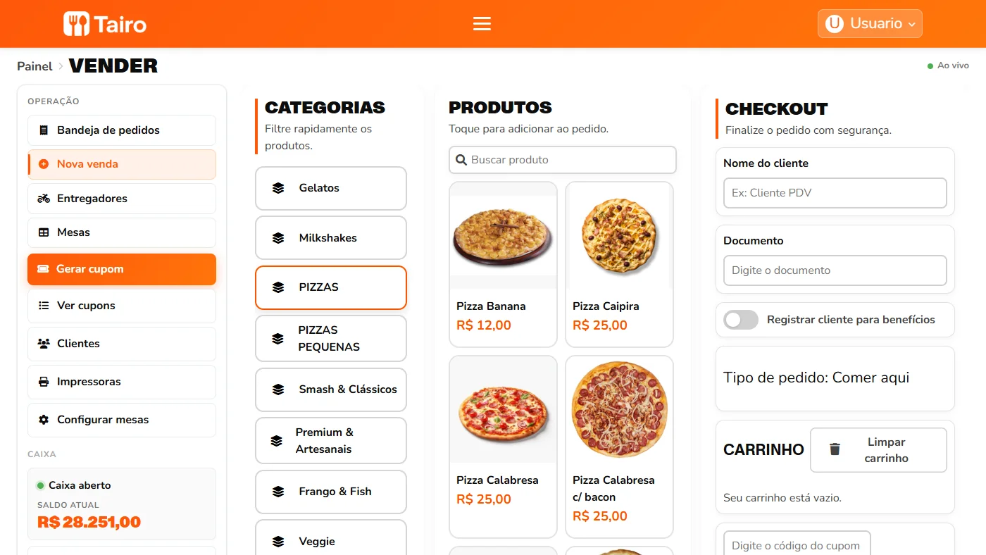 Tela do sistema de ponto de venda do Tairo, com produtos e carrinho de pedido