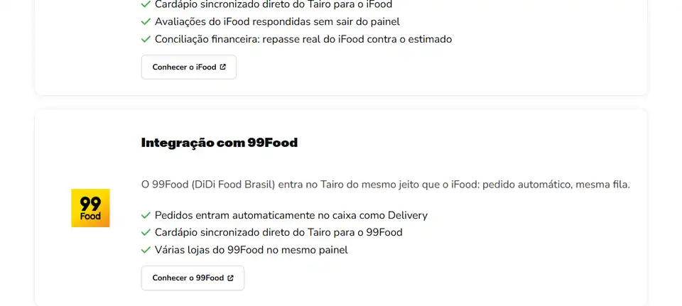 Integrações do Tairo mostrando os pedidos do iFood e do 99Food entrando automaticamente no caixa como Delivery