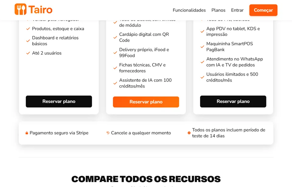 Comparativo de recursos por plano no Tairo, com cancelamento a qualquer momento